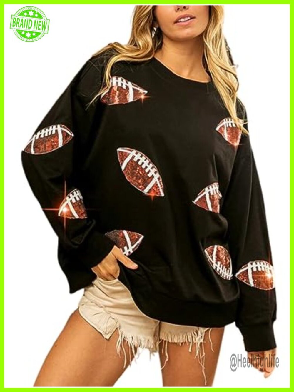 Sparkle Football Sequin Rugby Sweatshirt Oversized Crewneck Game Day Pullover